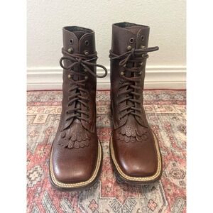 Caborca Dark Brown Pebble Leather Lace Up Kiltie Boots Square Toe 5.5M 28336803